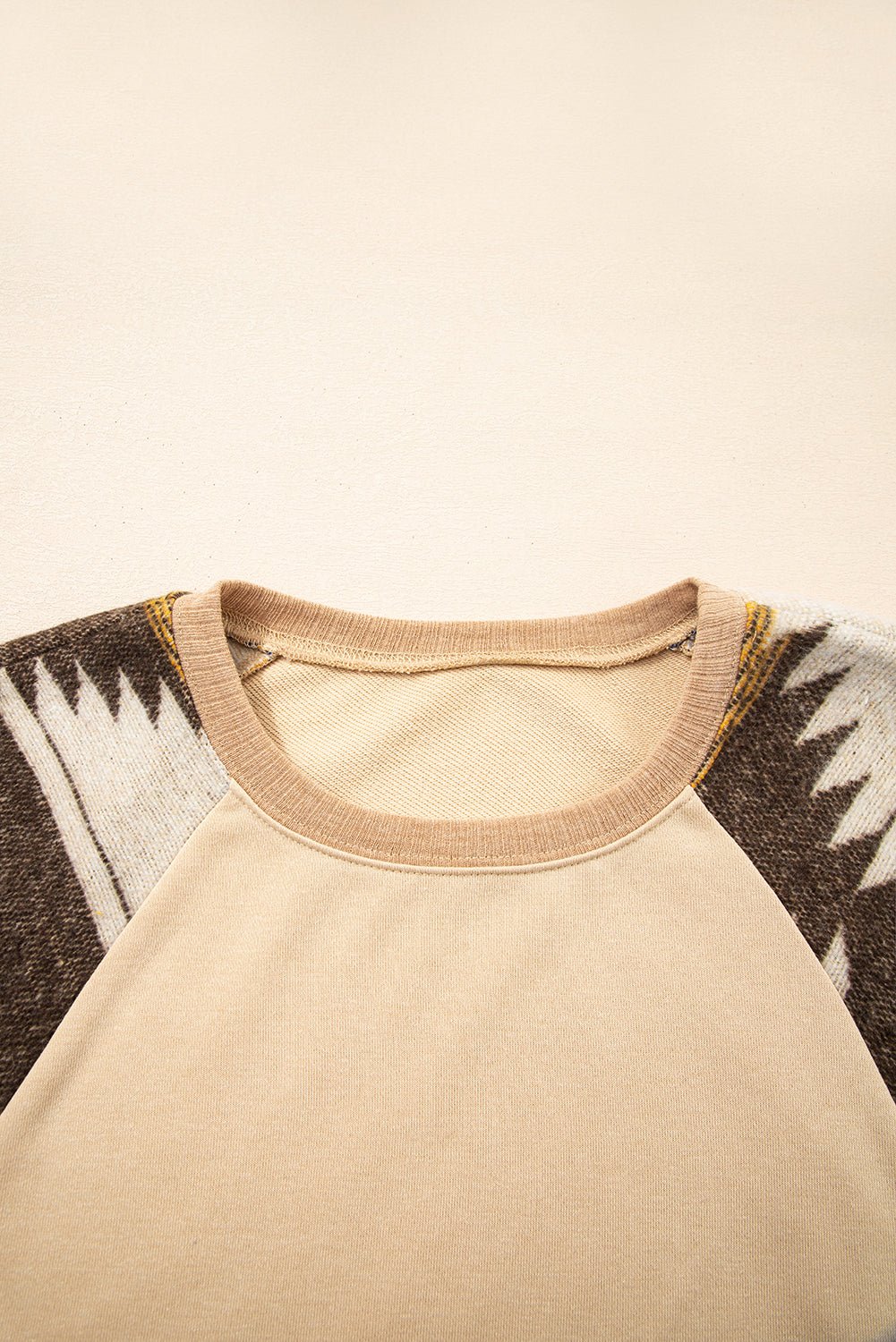 Light French Beige Geometric Patchwork Raglan Sleeve Pullover Sweatshirt