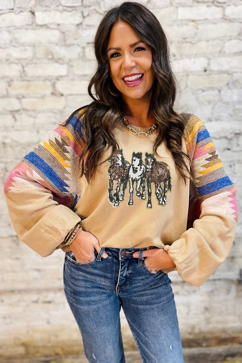 Light French Beige Sequined Horses Graphic Fashion Sweatshirt