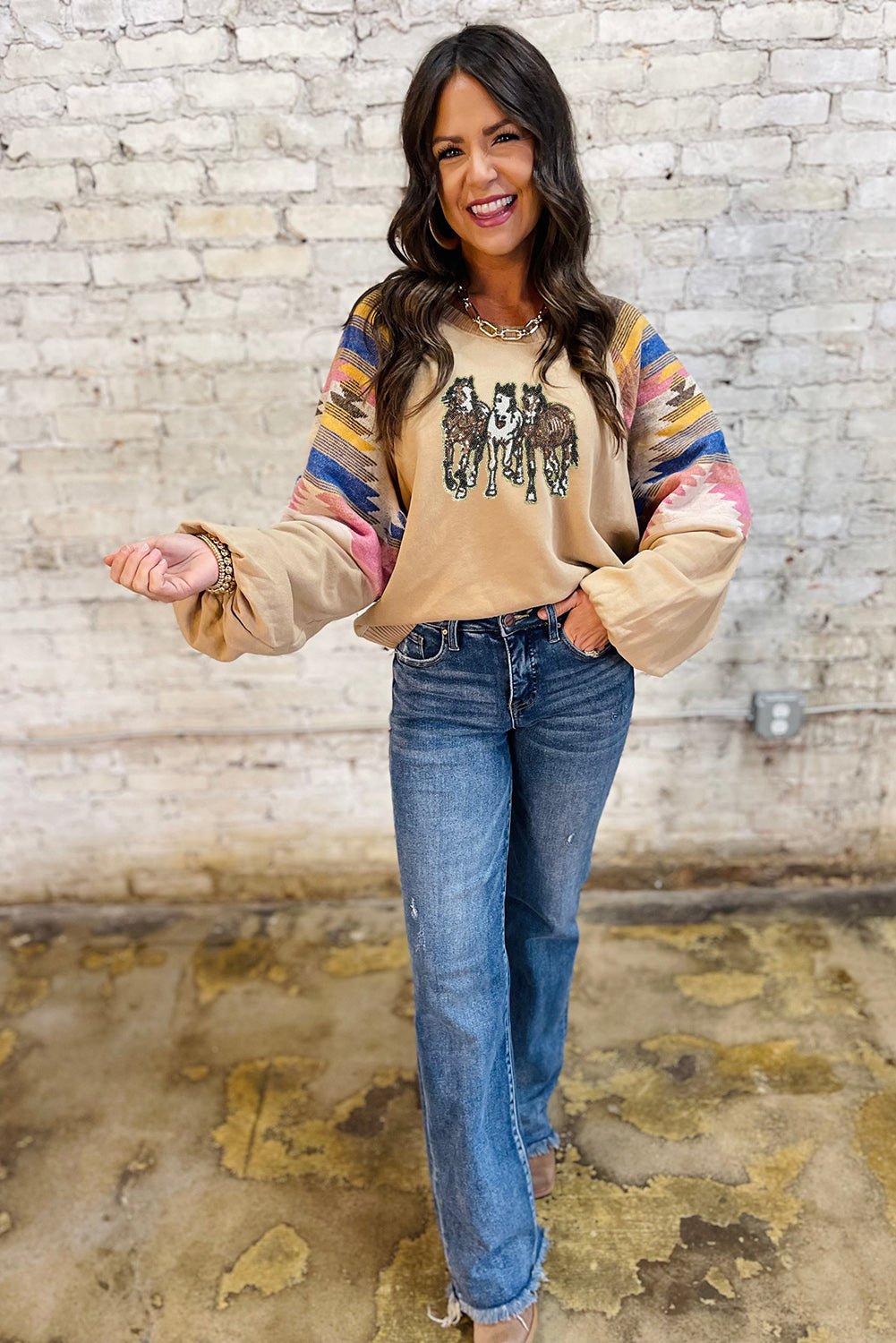 Light French Beige Sequined Horses Graphic Fashion Sweatshirt