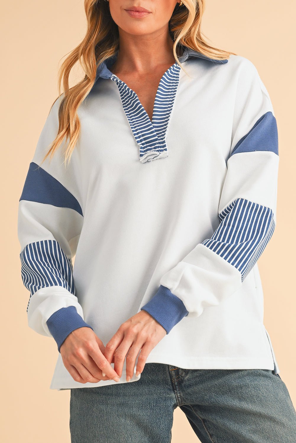 Light French Beige Striped Patchwork Collar Sweatshirt