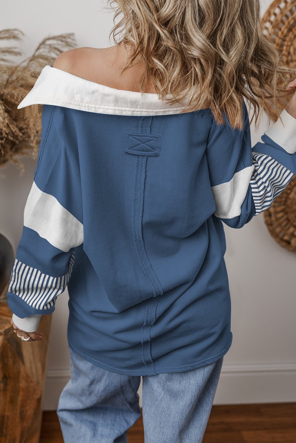 Light French Beige Striped Patchwork Collar Sweatshirt