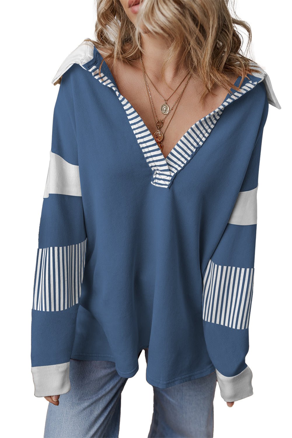 Light French Beige Striped Patchwork Collar Sweatshirt