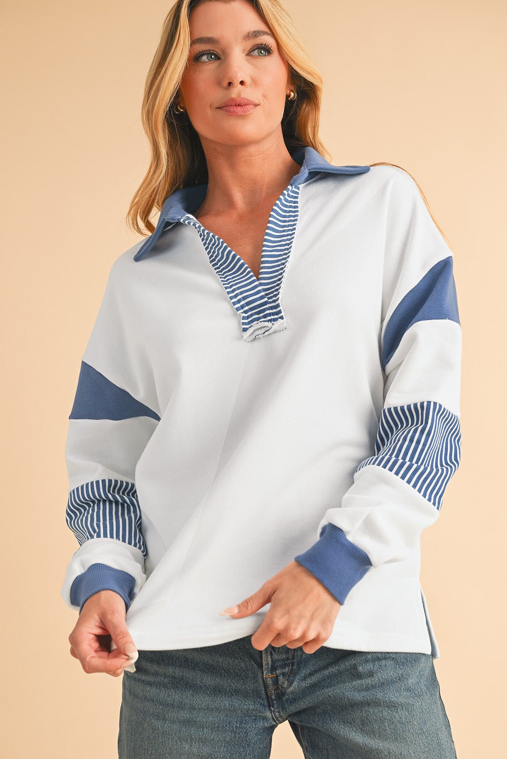 Light French Beige Striped Patchwork Collar Sweatshirt