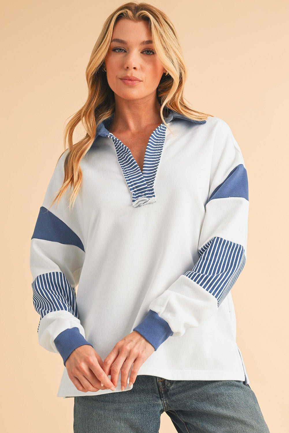 Light French Beige Striped Patchwork Collar Sweatshirt