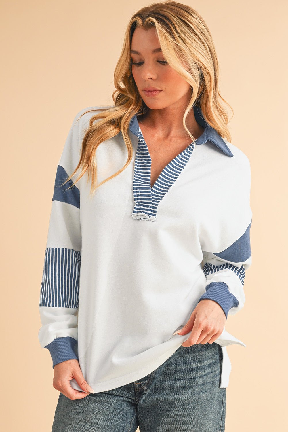 Light French Beige Striped Patchwork Collar Sweatshirt