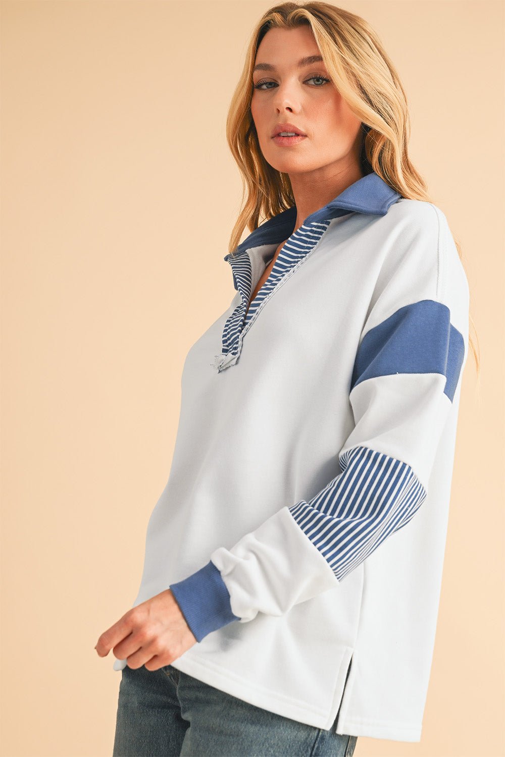 Light French Beige Striped Patchwork Collar Sweatshirt