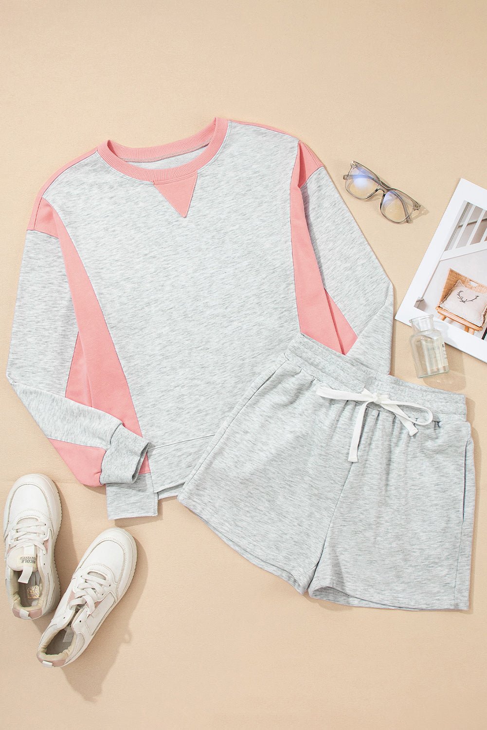 Light Grey Colorblock Raw Hem Pullover and Shorts Set