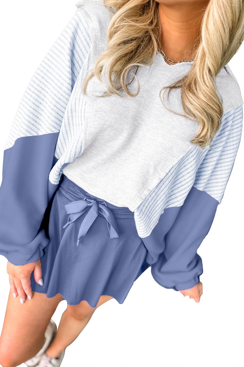 Light Grey Oversized Striped Colorblock Dolman Sleeve Collared Casual Top