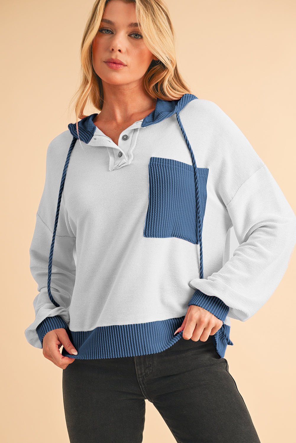 Light Pink Corded Patch Pocket Drawstring Henley Long Sleeve Tops