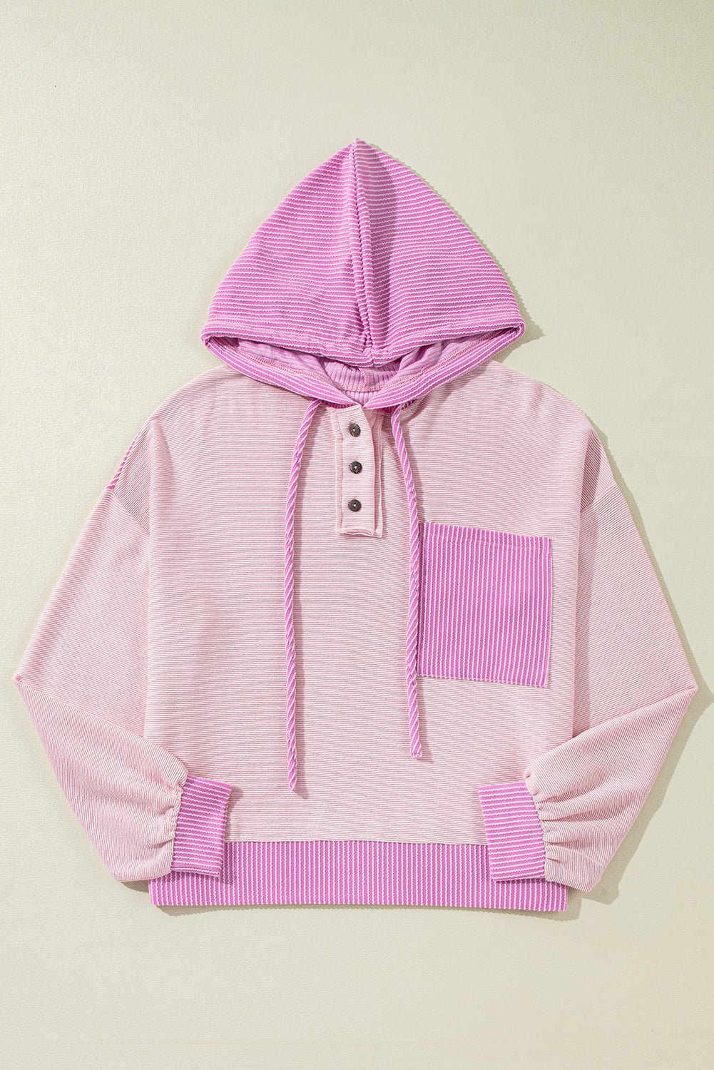Light Pink Corded Patch Pocket Drawstring Henley Long Sleeve Tops