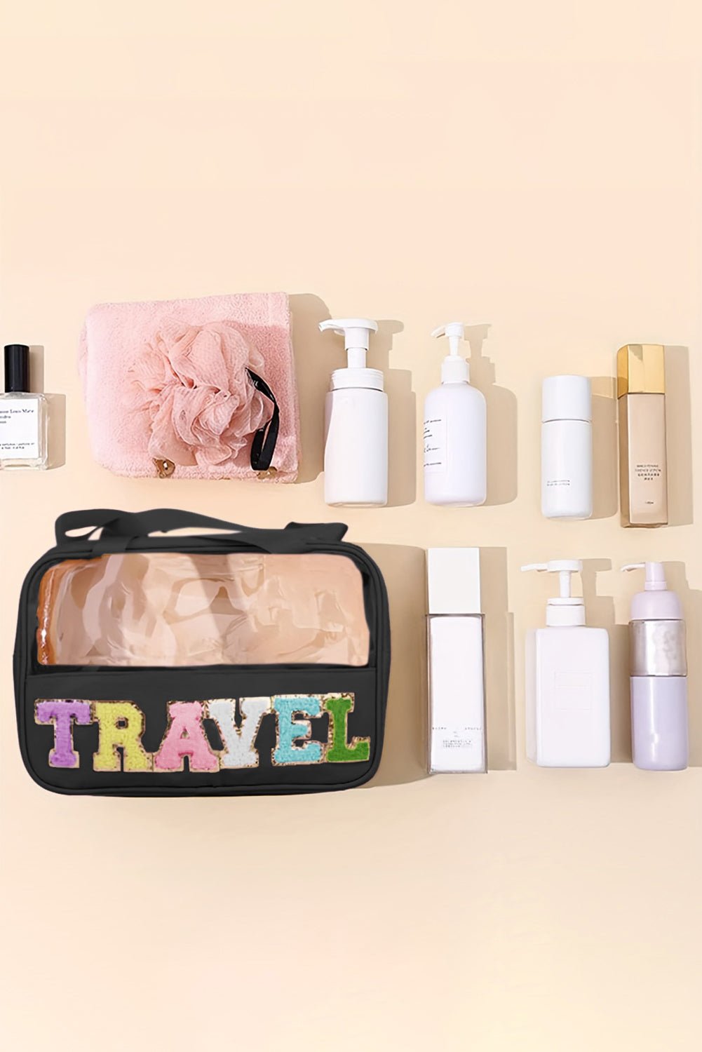 Light Pink TRAVEL Chenille Letter Clear PVC Makeup Bag