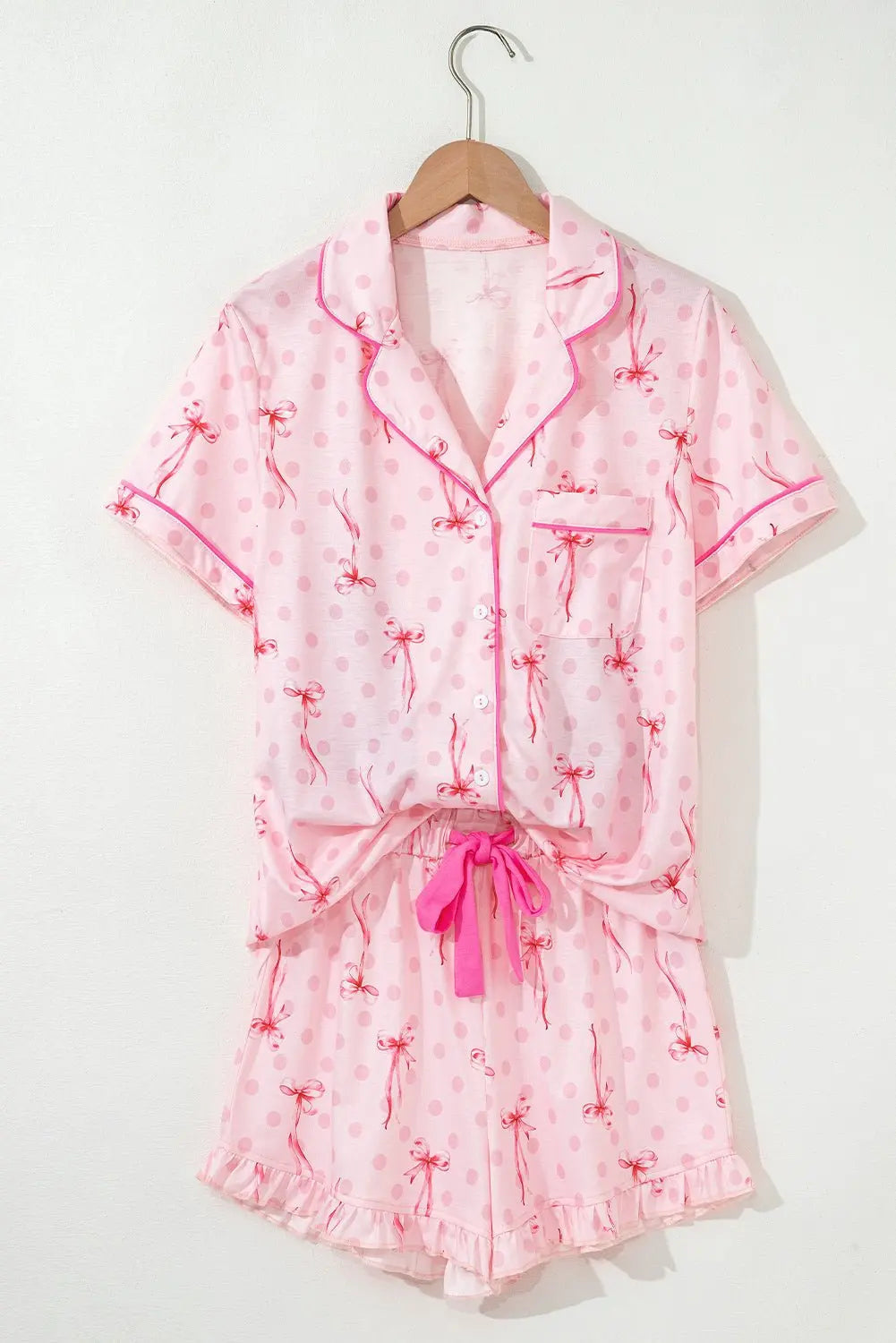 Pink Polka Dot and Bow Print Ruffle Hem Shorts Pajama Set