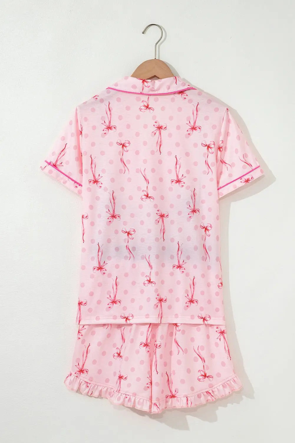 Pink Polka Dot and Bow Print Ruffle Hem Shorts Pajama Set