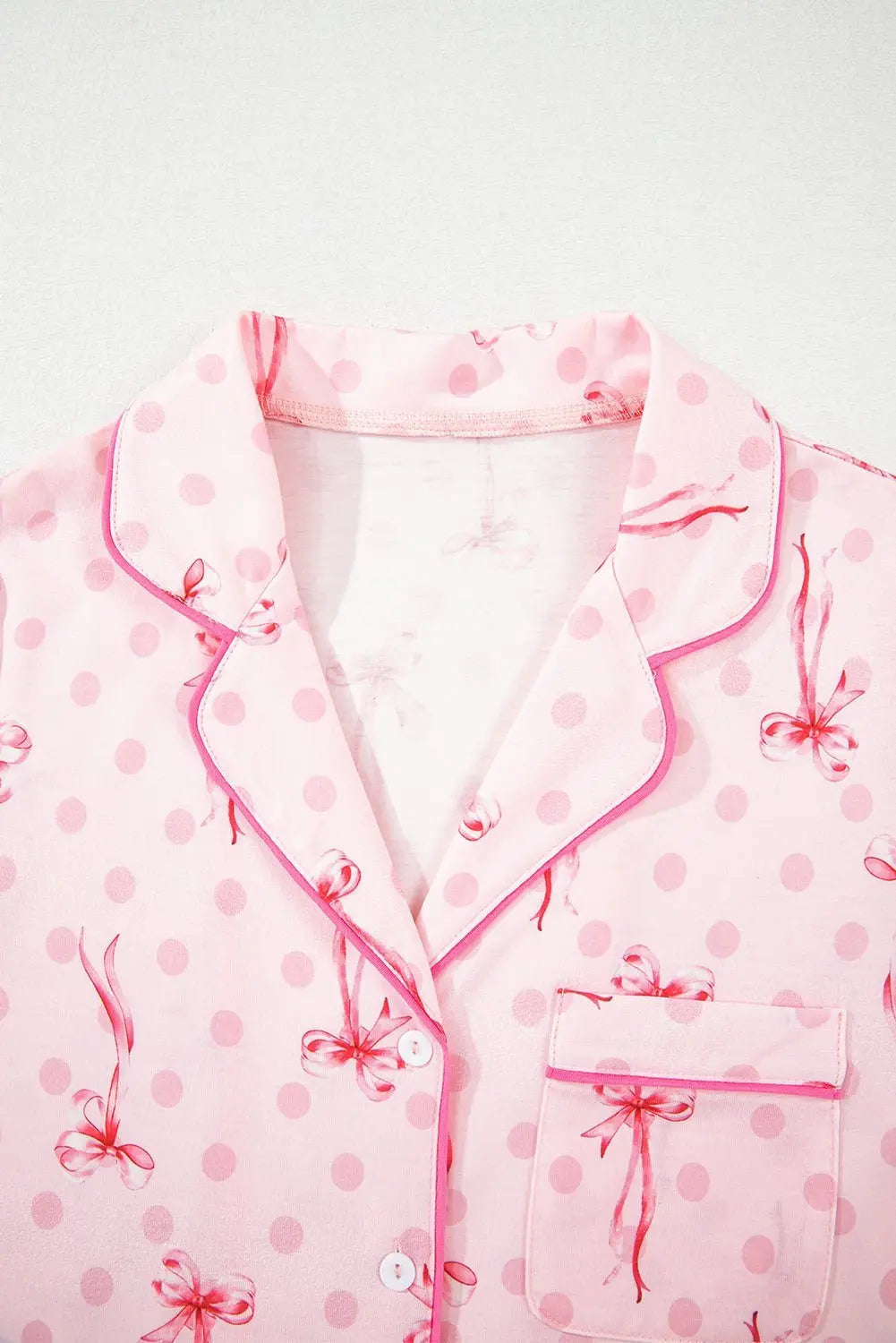 Pink Polka Dot and Bow Print Ruffle Hem Shorts Pajama Set