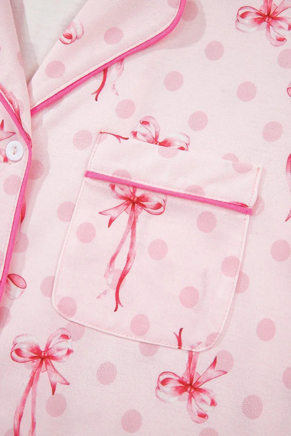 Pink Polka Dot and Bow Print Ruffle Hem Shorts Pajama Set