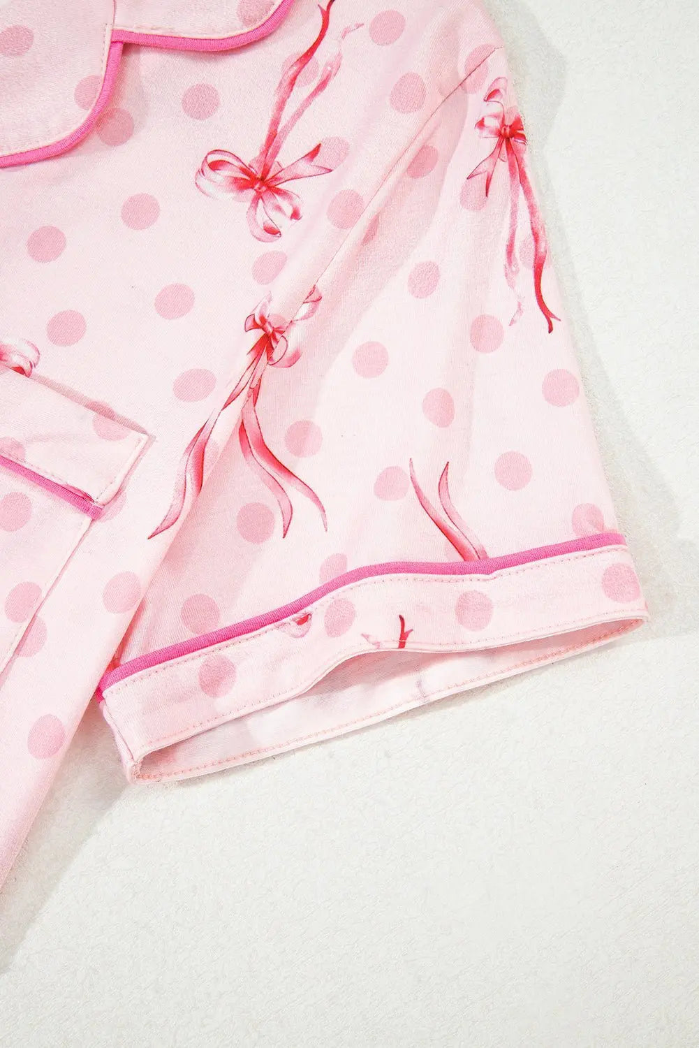 Pink Polka Dot and Bow Print Ruffle Hem Shorts Pajama Set