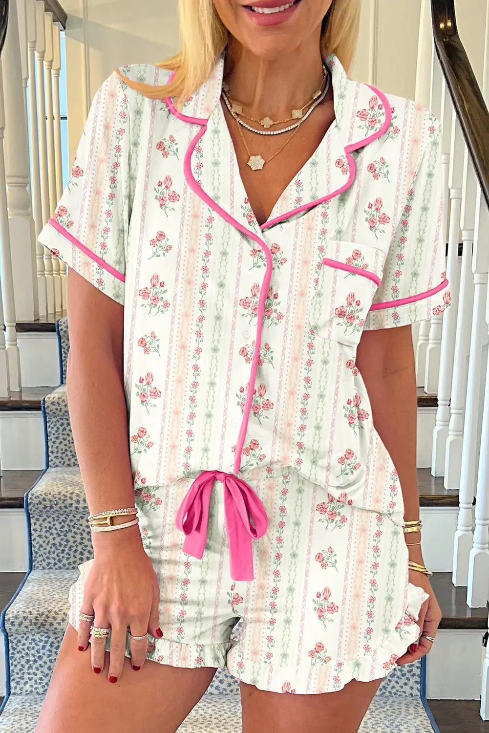 Pink Polka Dot and Bow Print Ruffle Hem Shorts Pajama Set