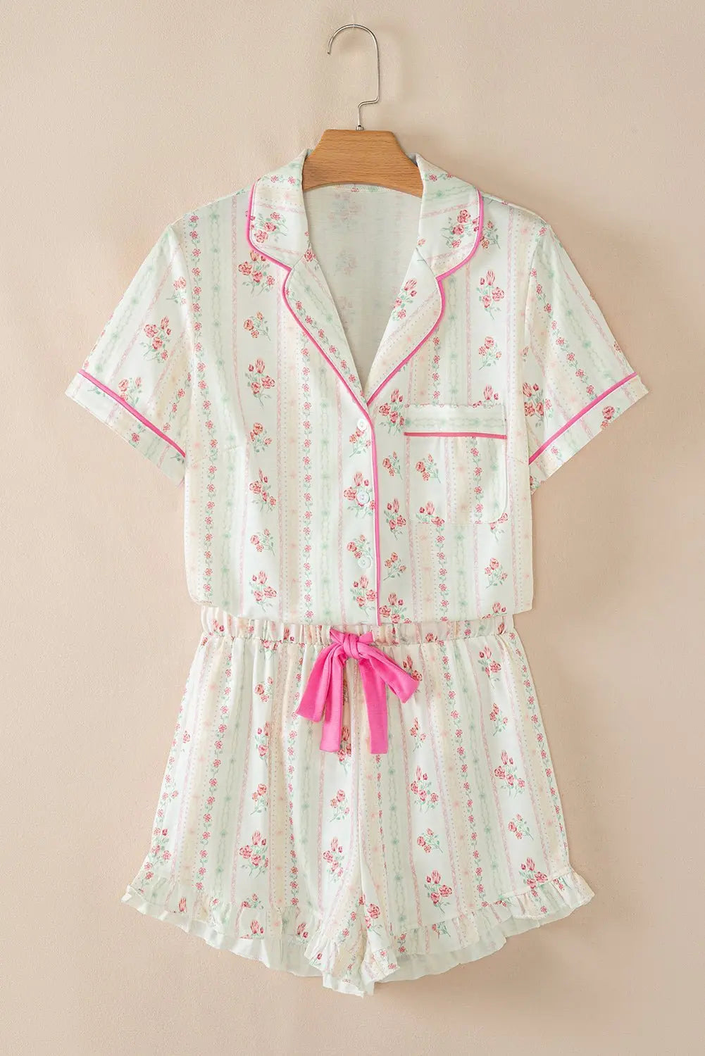 Pink Polka Dot and Bow Print Ruffle Hem Shorts Pajama Set