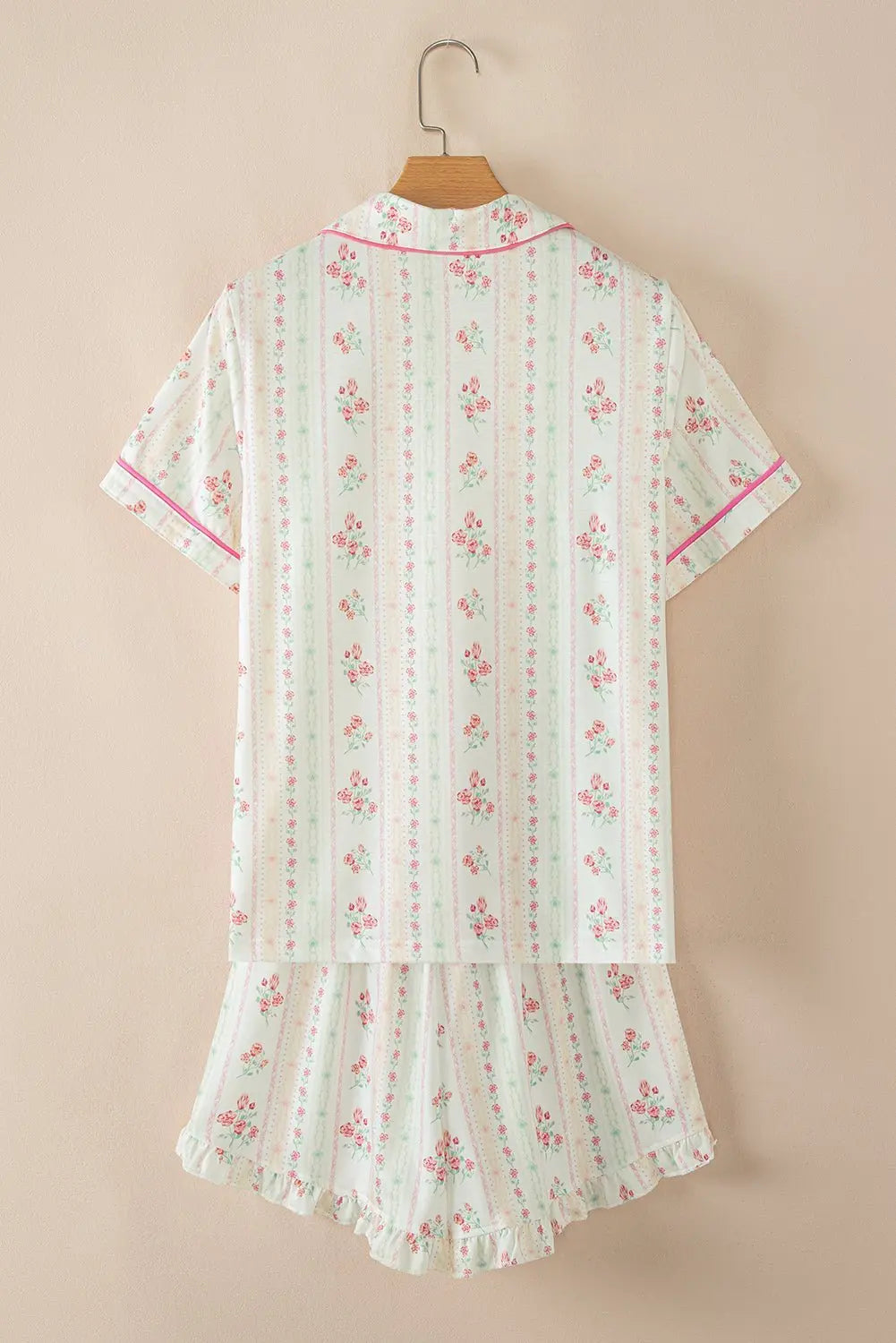 Pink Polka Dot and Bow Print Ruffle Hem Shorts Pajama Set