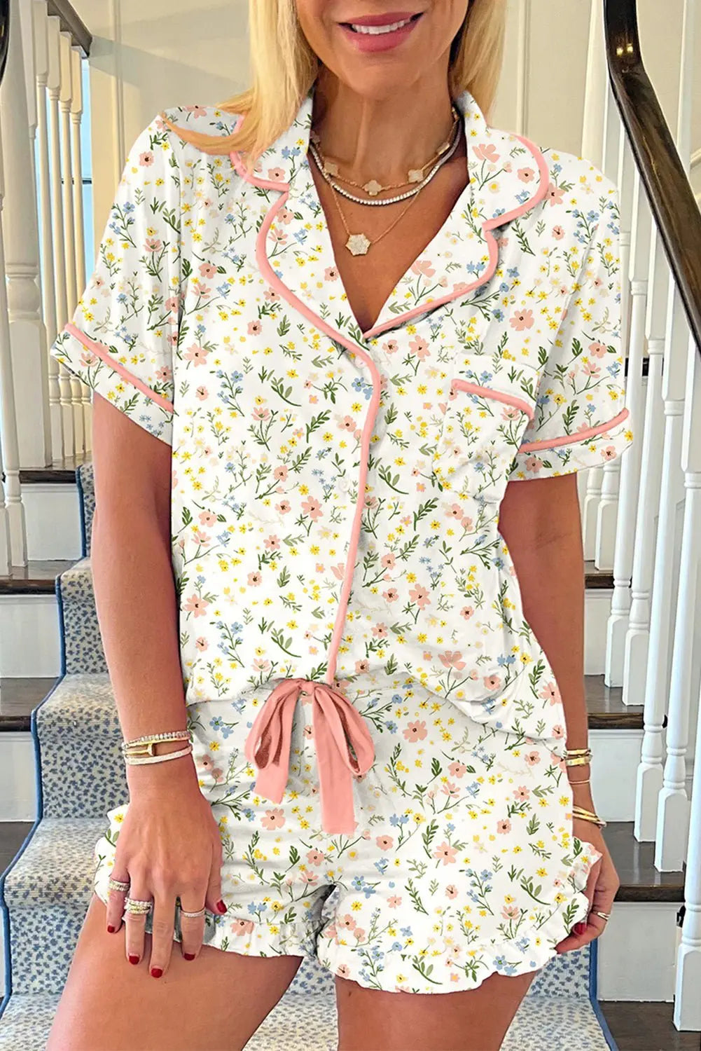 Pink Polka Dot and Bow Print Ruffle Hem Shorts Pajama Set