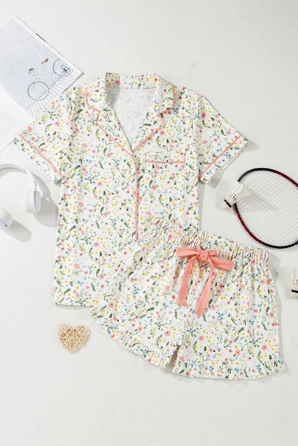 Pink Polka Dot and Bow Print Ruffle Hem Shorts Pajama Set