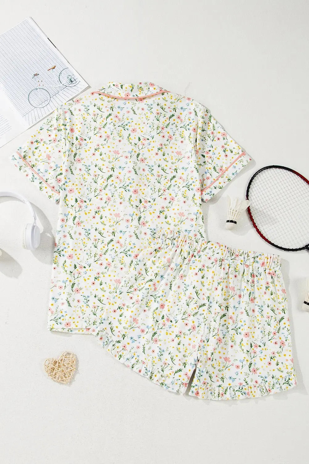 Pink Polka Dot and Bow Print Ruffle Hem Shorts Pajama Set