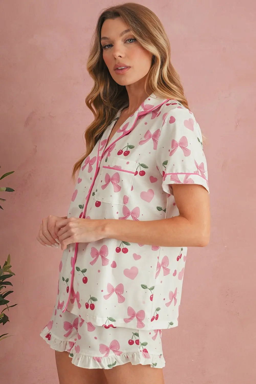 Pink Polka Dot and Bow Print Ruffle Hem Shorts Pajama Set
