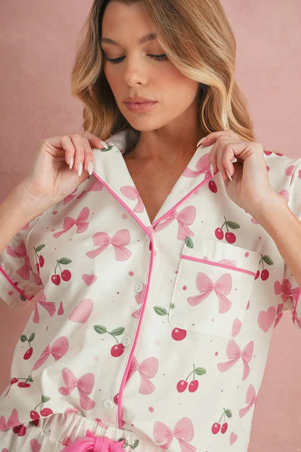 Pink Polka Dot and Bow Print Ruffle Hem Shorts Pajama Set