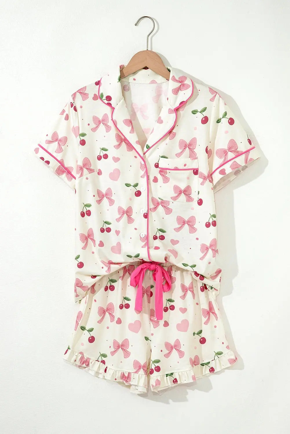 Pink Polka Dot and Bow Print Ruffle Hem Shorts Pajama Set
