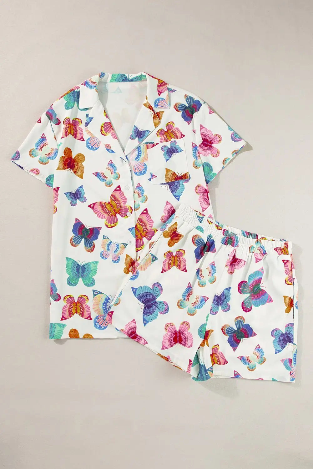 Multicolour Butterfly Print Button-up Shirt & Shorts Pajama Set