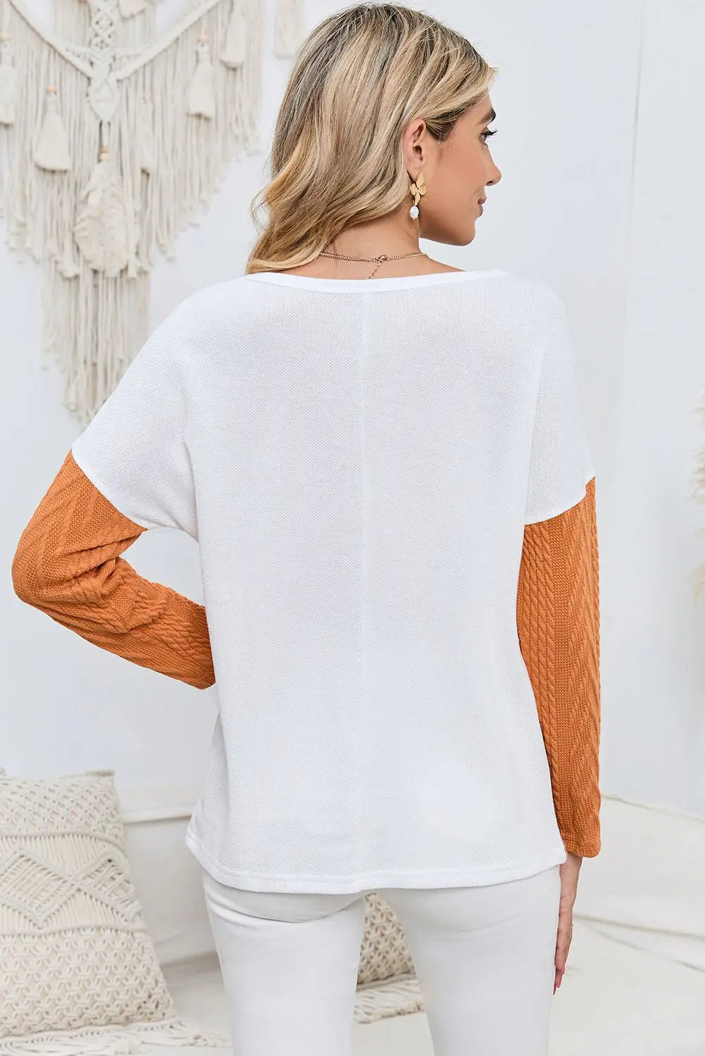 Orange Long Sleeve Colorblock Chest Pocket Textured Knit Top