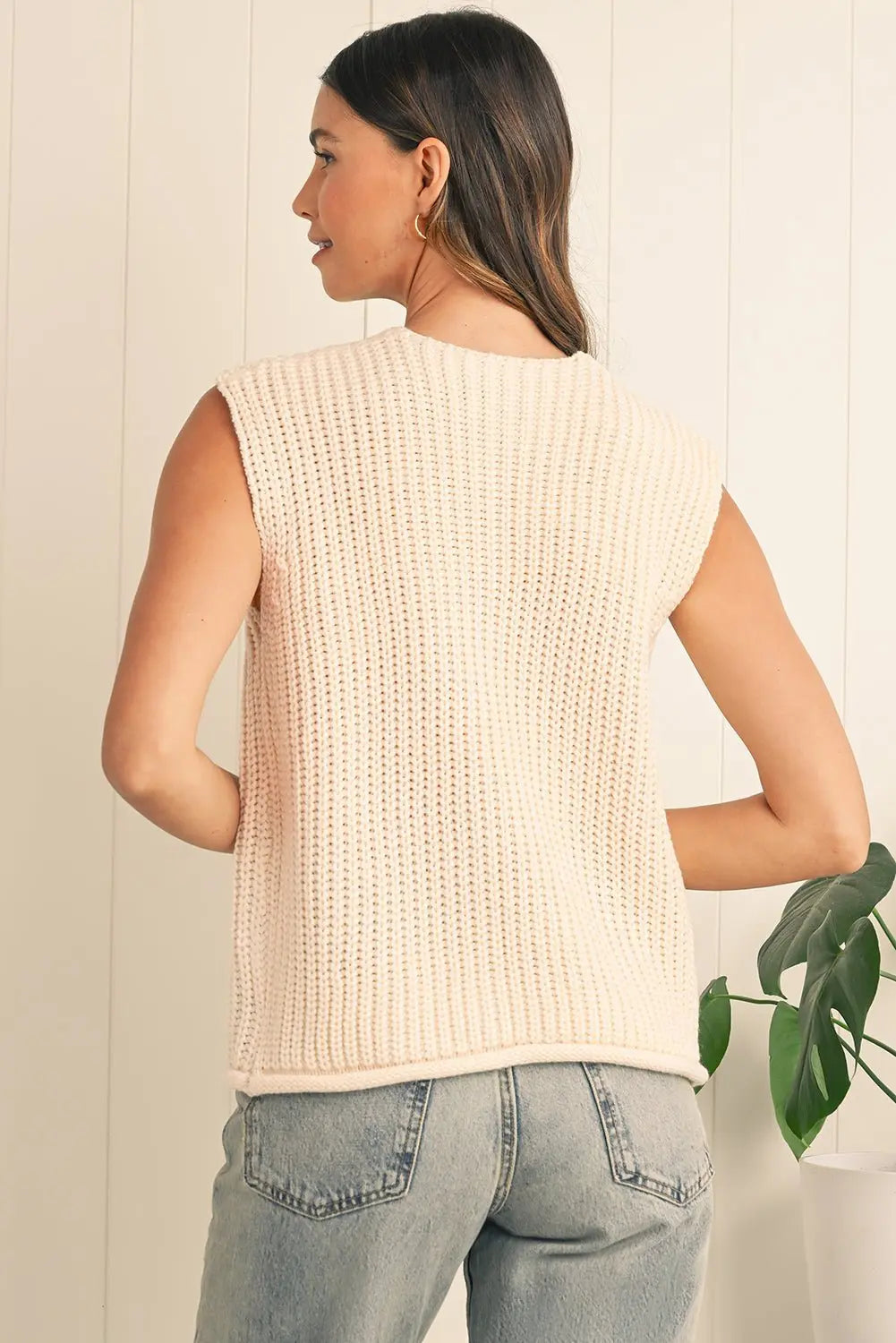 Fiery Red Solid Textured Knit Side Pockets Buttoned Sweater Vest