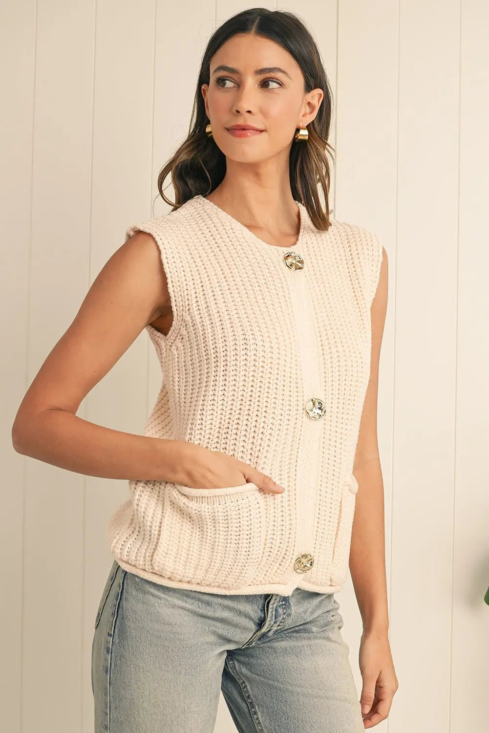 Fiery Red Solid Textured Knit Side Pockets Buttoned Sweater Vest