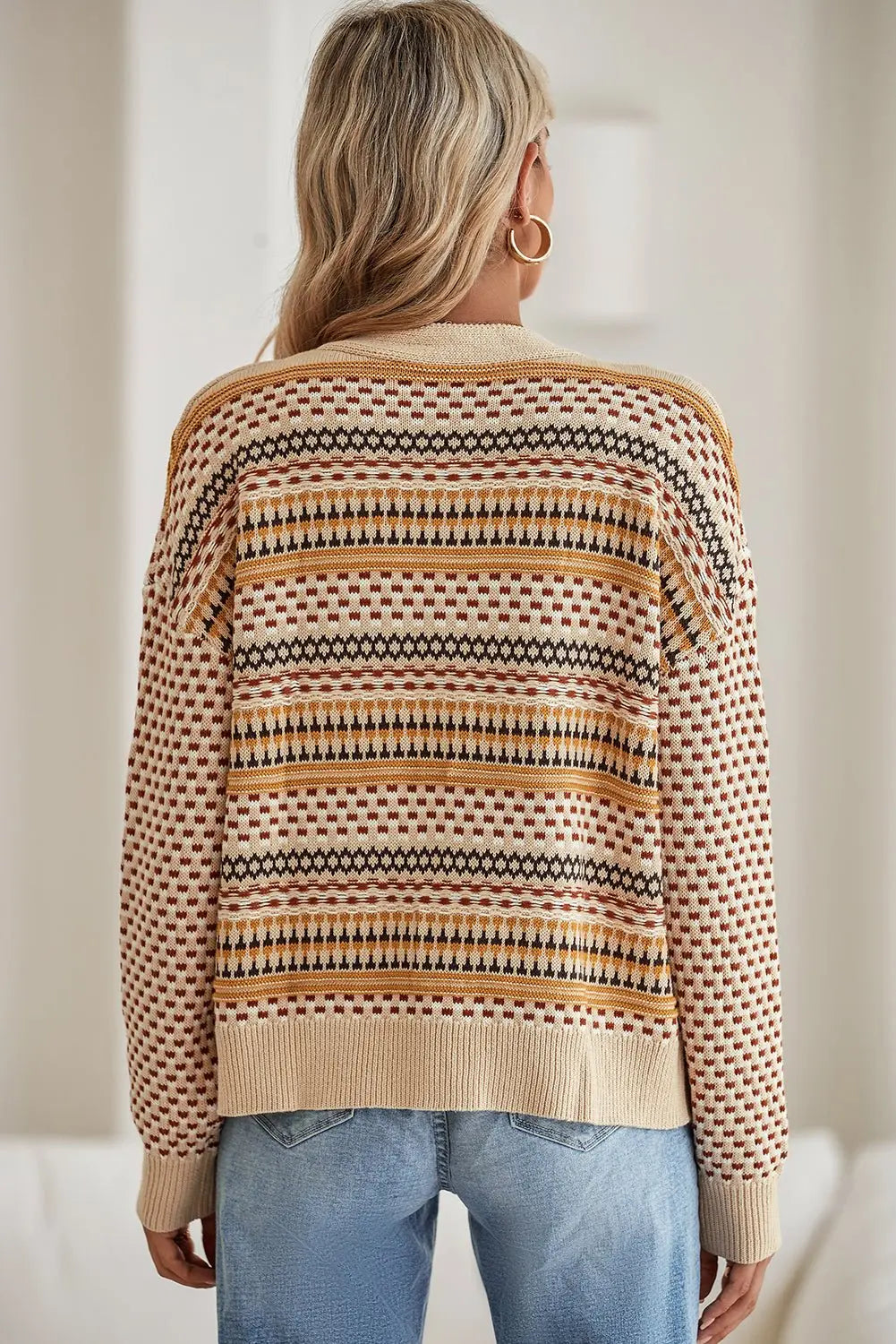 Khaki Geometric Pattern Button Front V Neck Cropped Cardigan