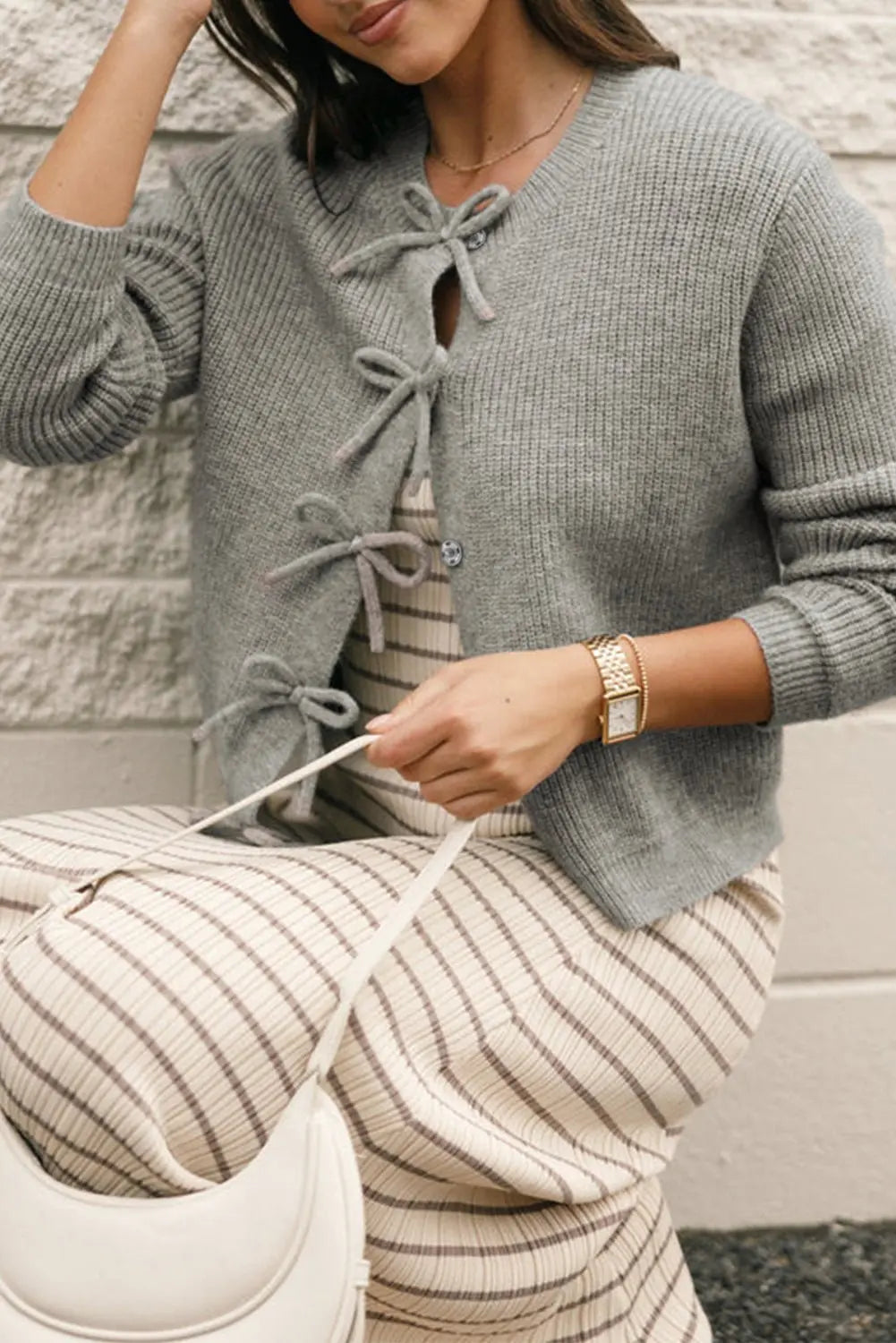 Philippine Gray Sweet Bow Front Cropped Knit Cardigan