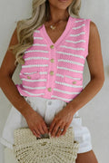 Pink Striped V Neck Button Knit Vest