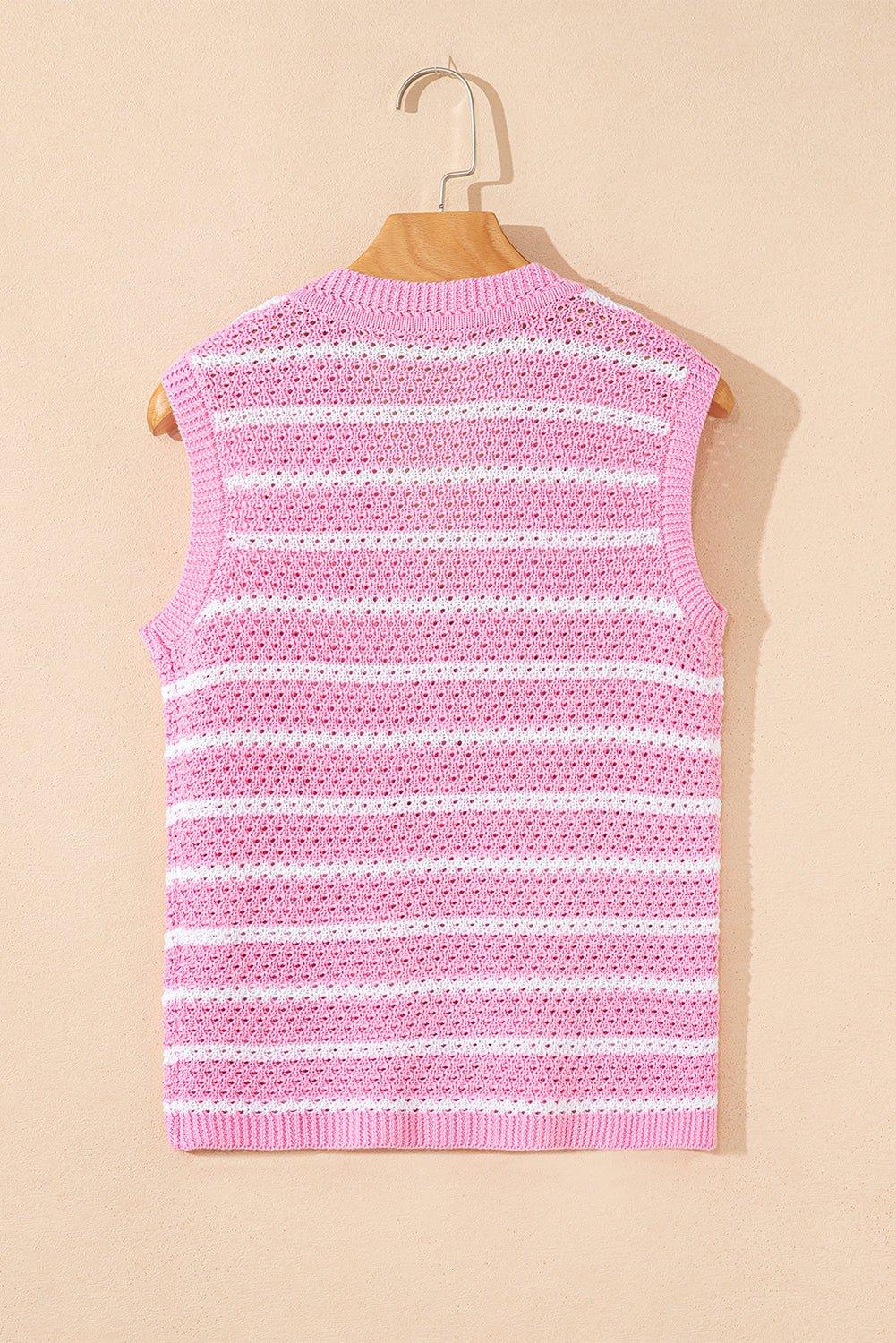 Pink Striped V Neck Button Knit Vest