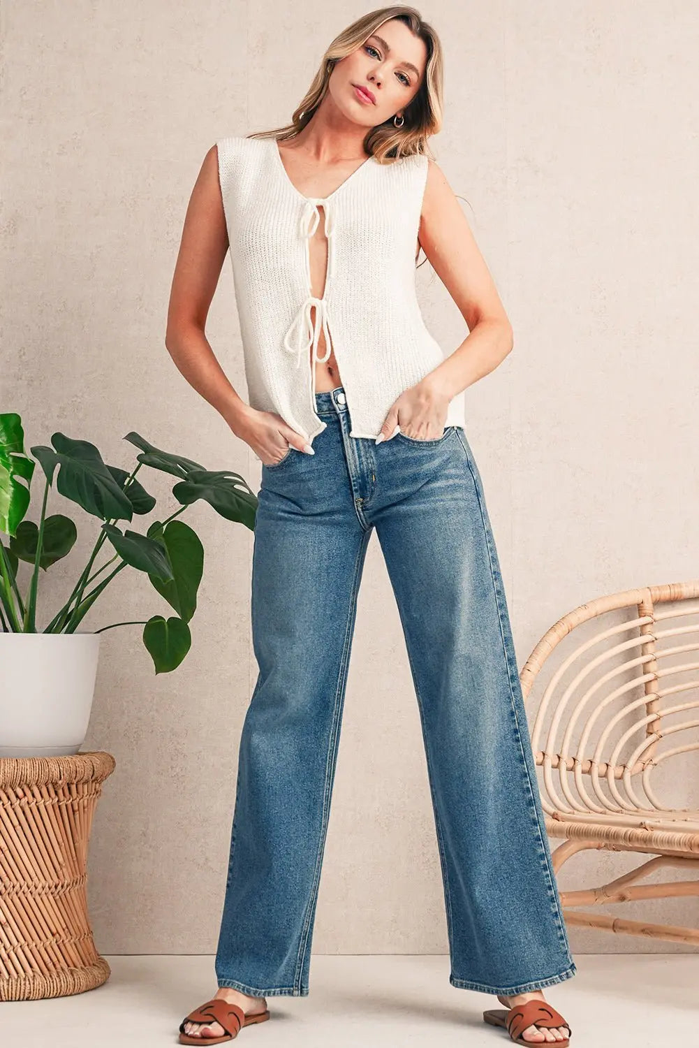 Tomato Red Lace-up Front V Neck Knit Vest