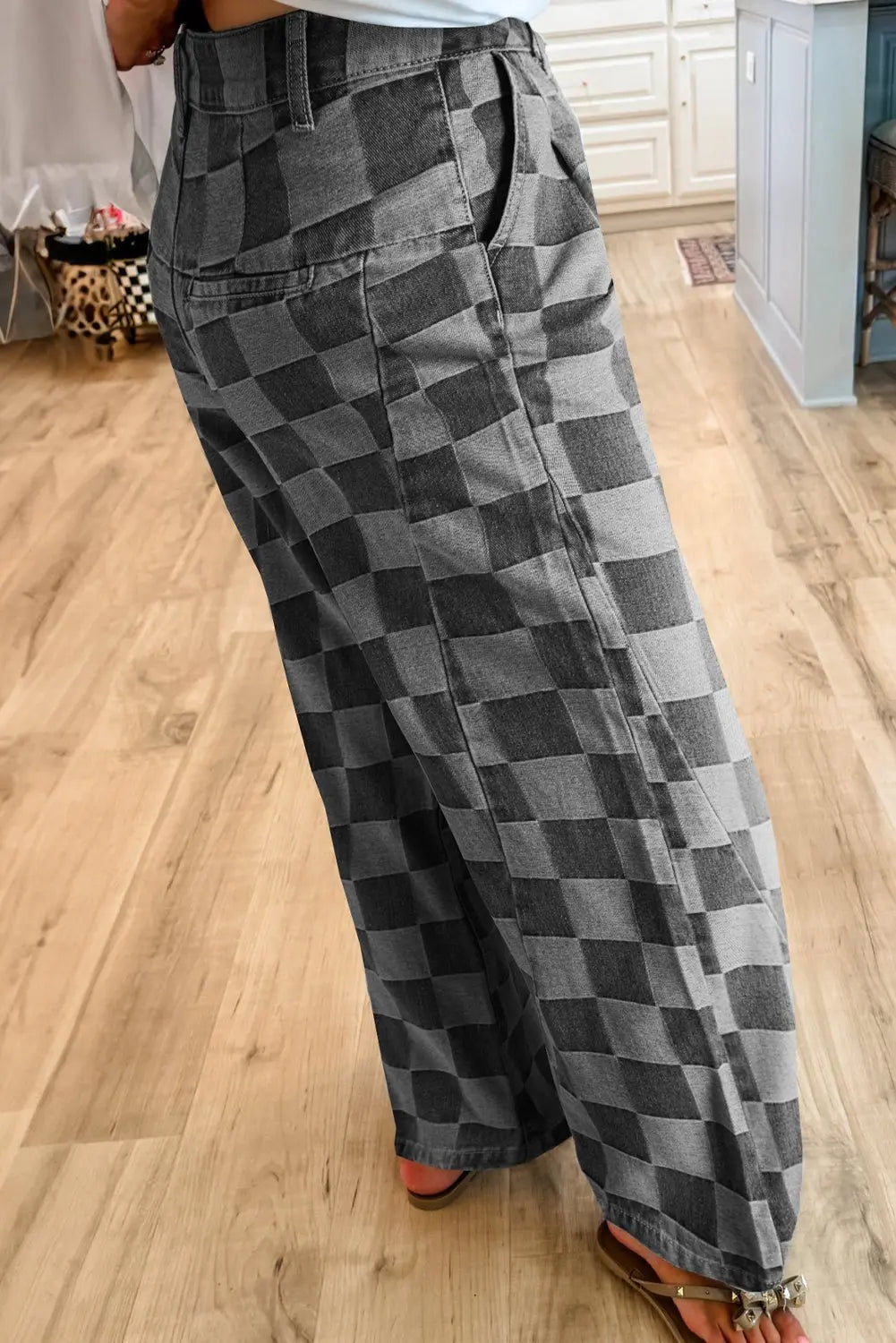 Dusk Blue Checkered Light Washed Wide Leg Jeans