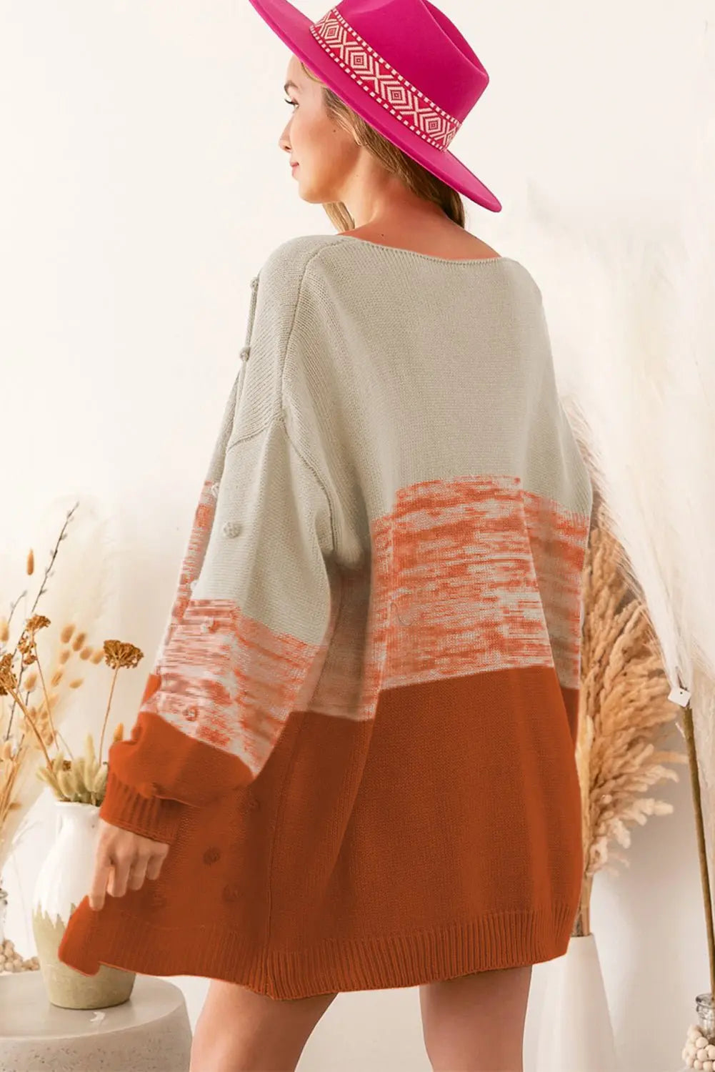Brown Color Block Pompom Open Front Knitted Cardigan Sweater