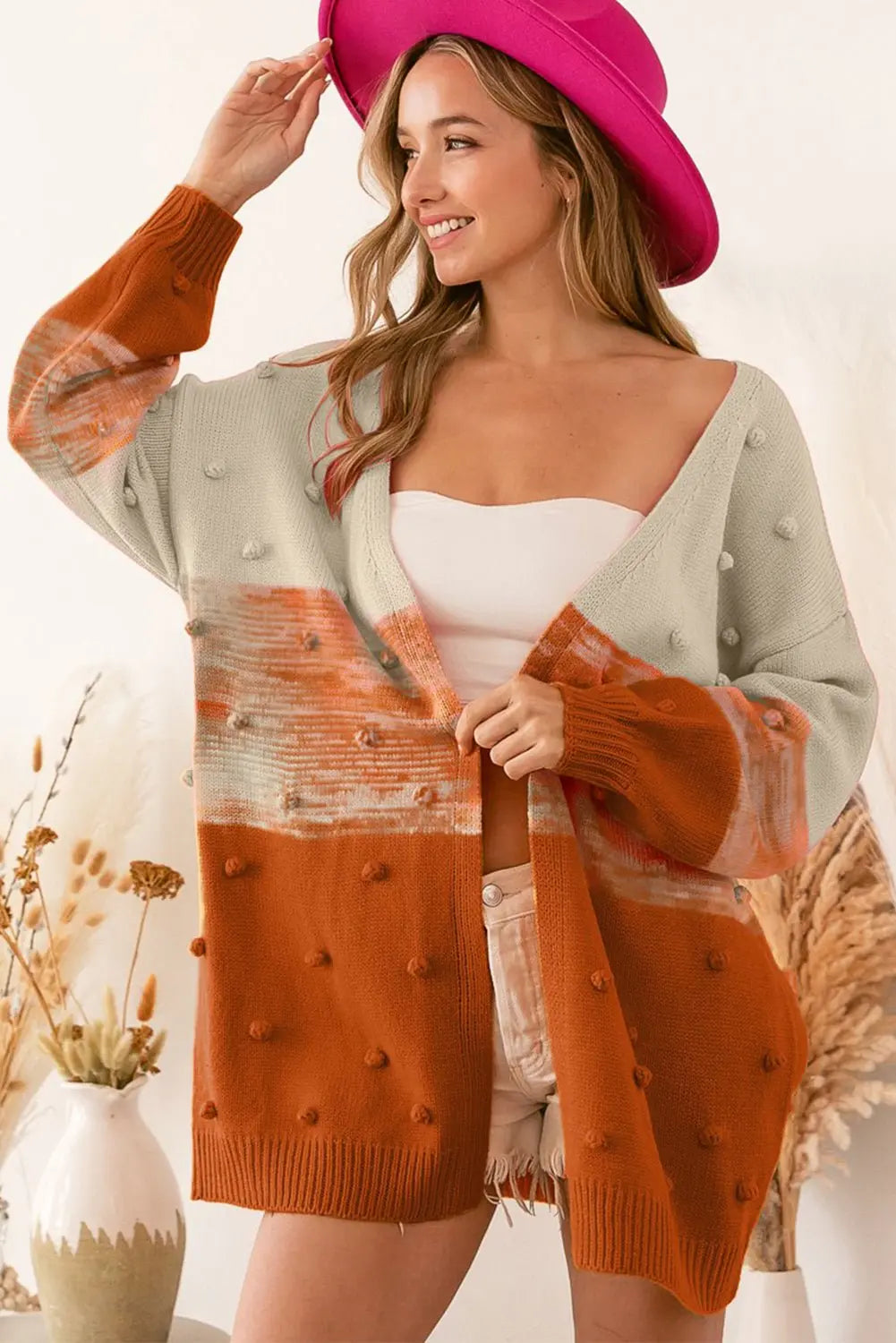 Brown Color Block Pompom Open Front Knitted Cardigan Sweater