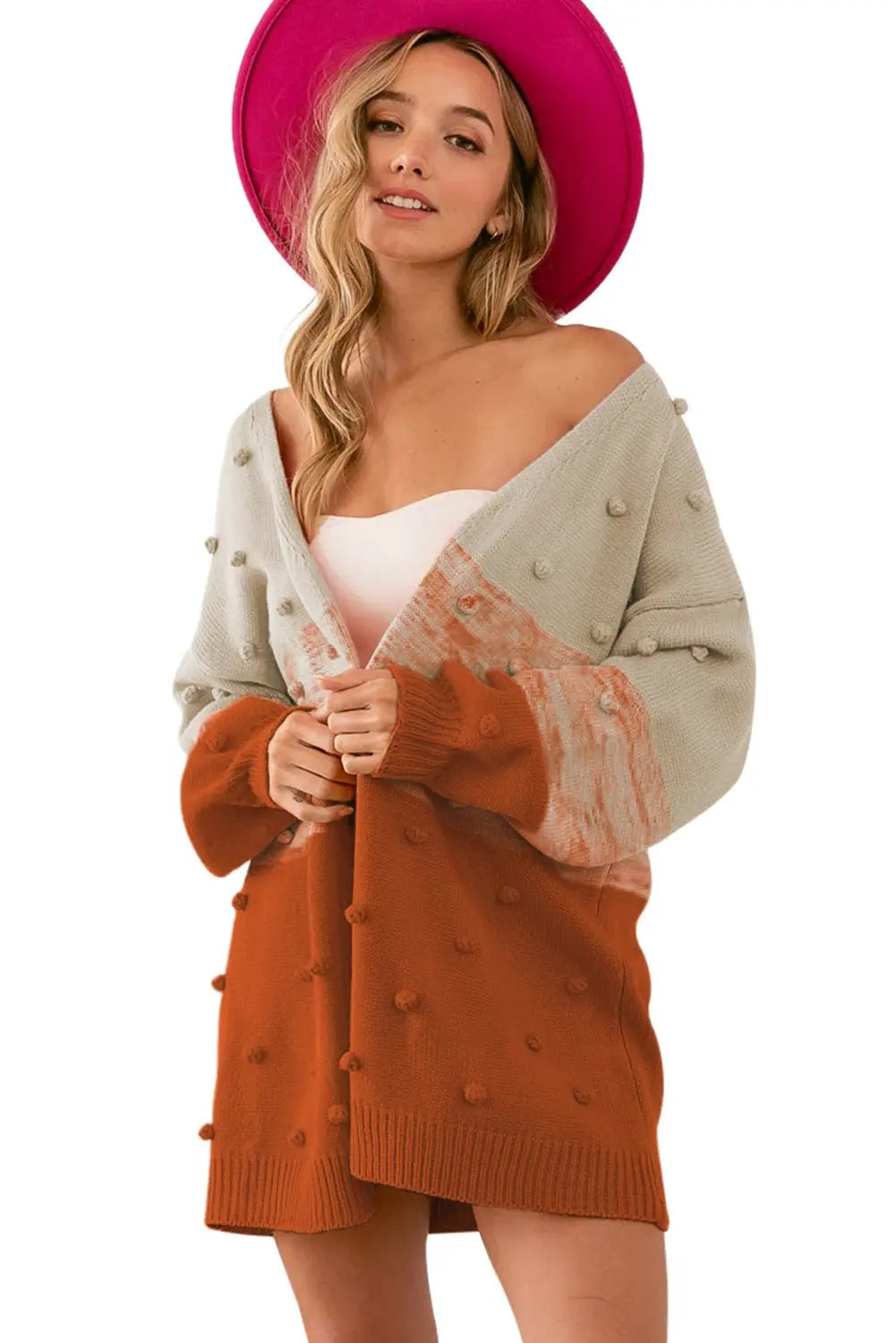 Brown Color Block Pompom Open Front Knitted Cardigan Sweater