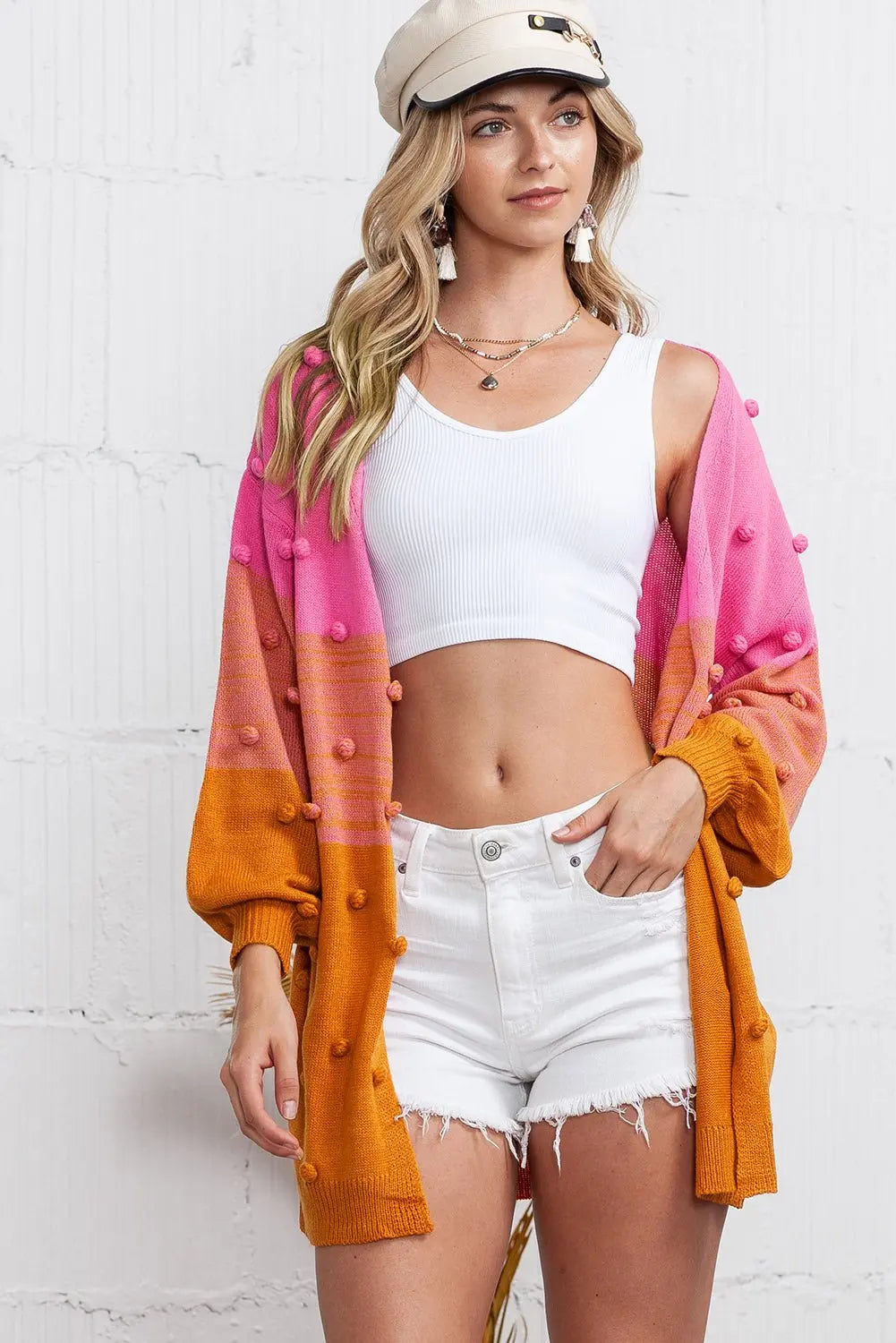 Brown Color Block Pompom Open Front Knitted Cardigan Sweater
