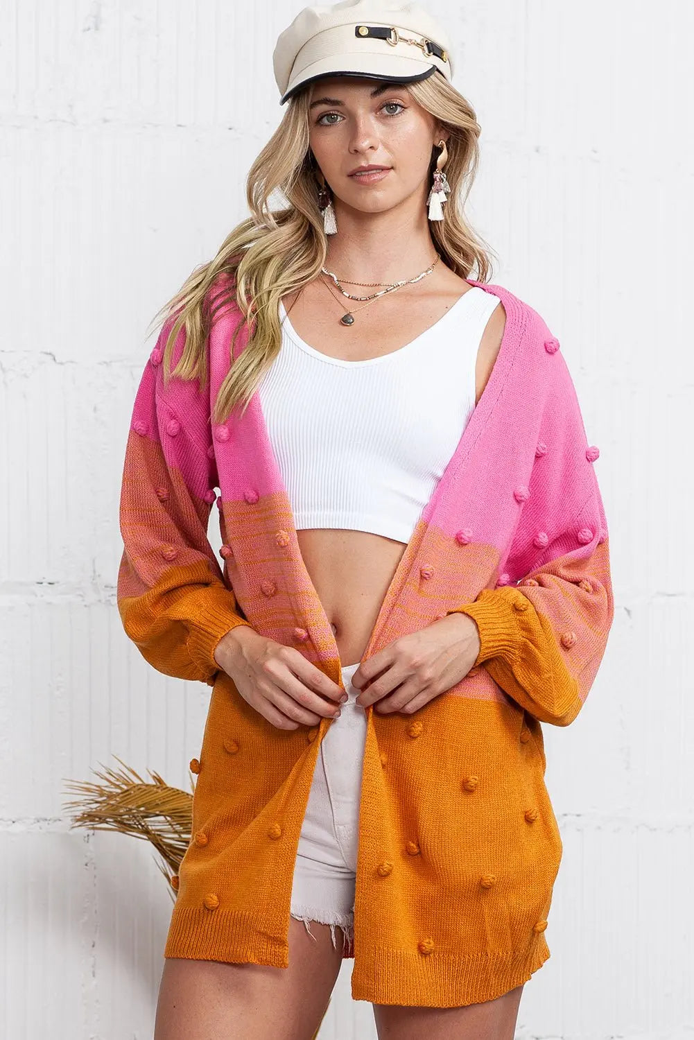 Brown Color Block Pompom Open Front Knitted Cardigan Sweater