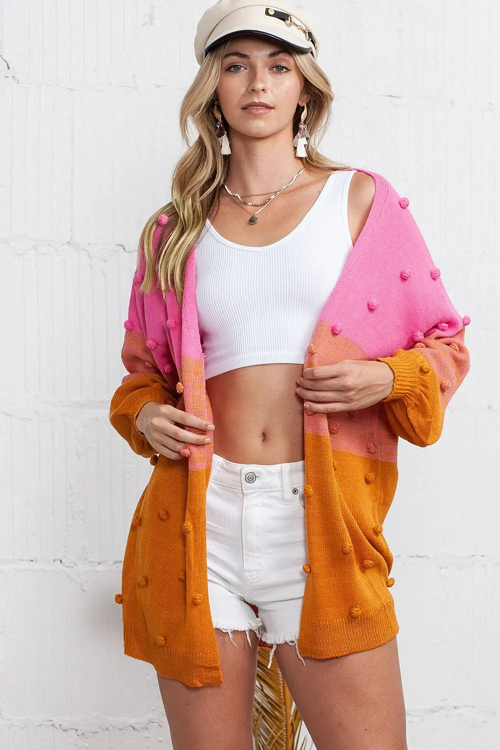 Brown Color Block Pompom Open Front Knitted Cardigan Sweater