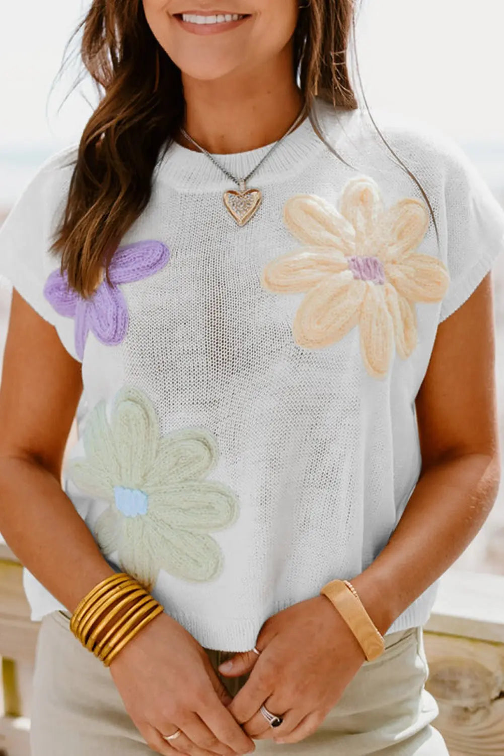 Pink Flower Patch Knit Round Neck Tee