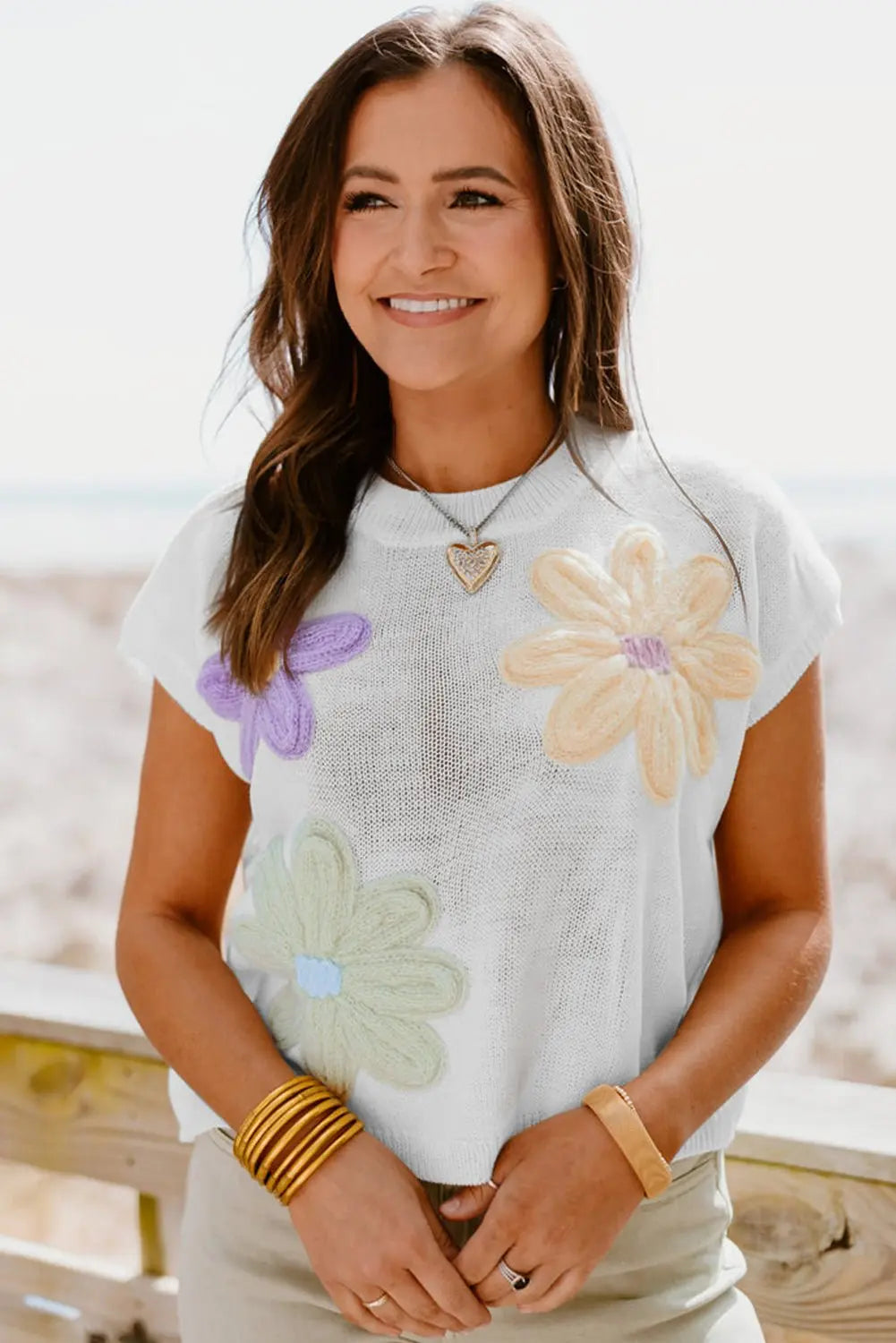 Pink Flower Patch Knit Round Neck Tee