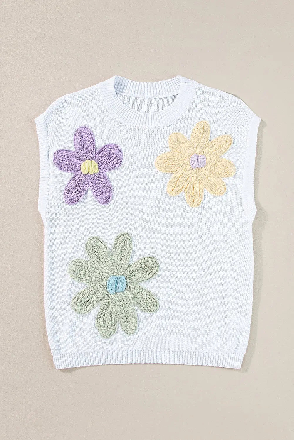 Pink Flower Patch Knit Round Neck Tee