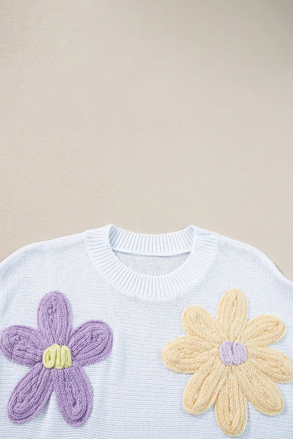 Pink Flower Patch Knit Round Neck Tee