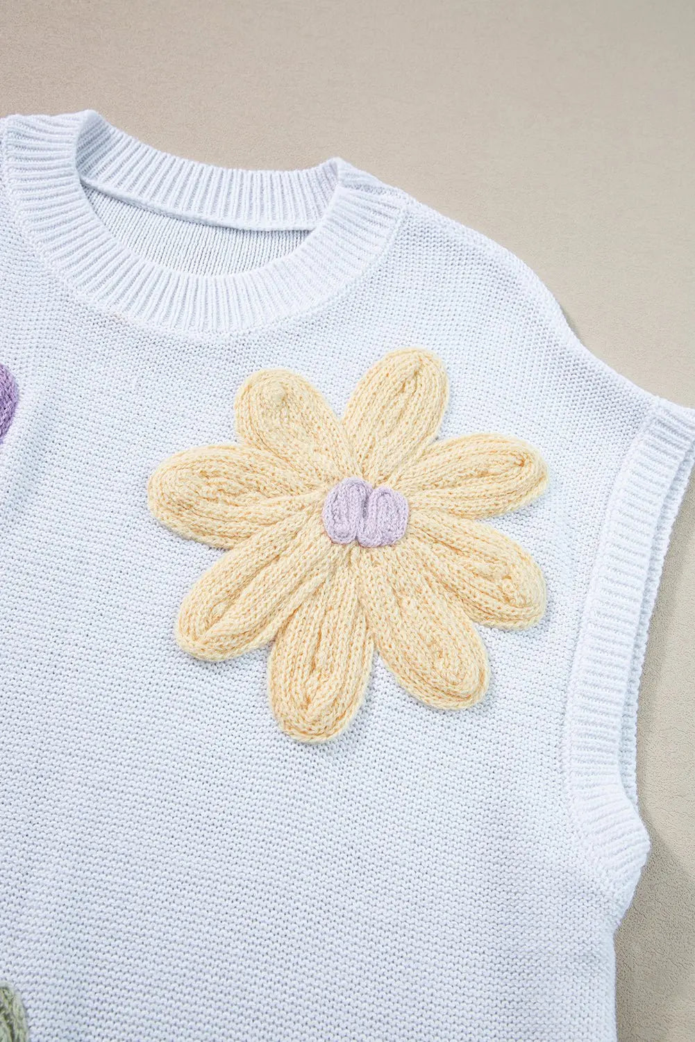 Pink Flower Patch Knit Round Neck Tee